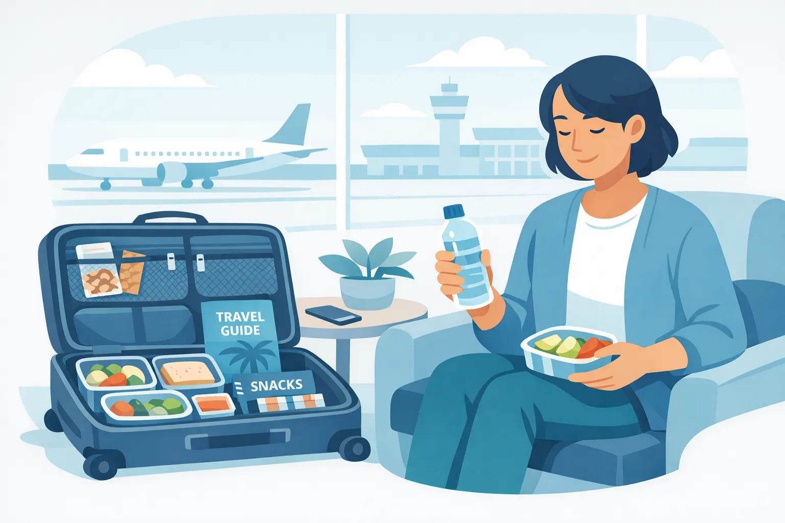A person in an airport lounge with a water bottle and healthy snack, suitcase open with organized dietary items.