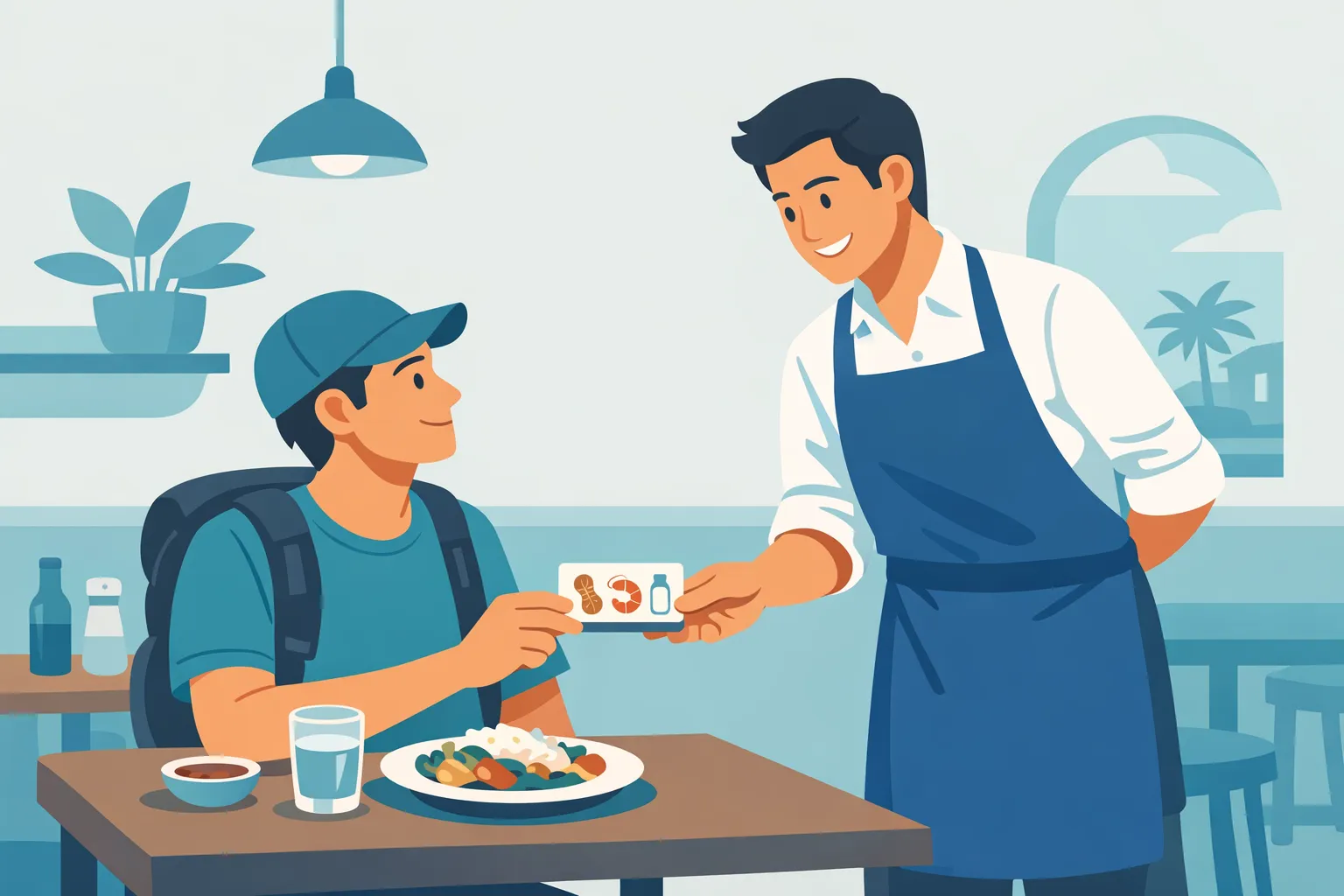 A traveler shows a food allergy card to a waiter at a restaurant, illustrating communication about allergies abroad.