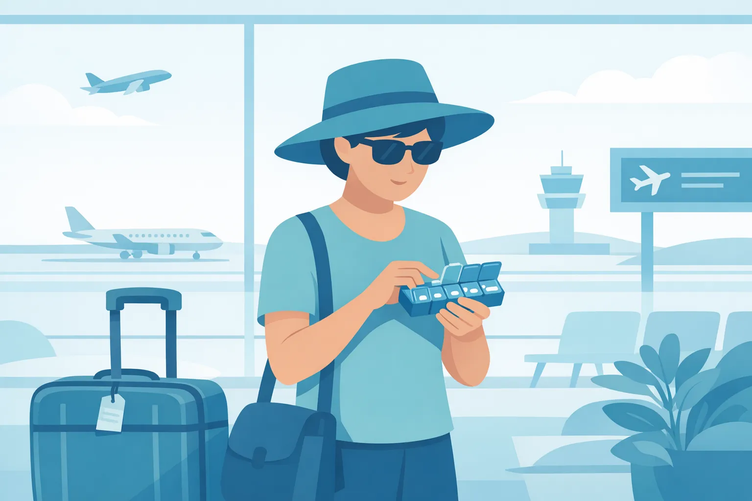 Illustration of a person at an airport with a suitcase, checking a pill organizer, symbolizing safe travel post-transplant.